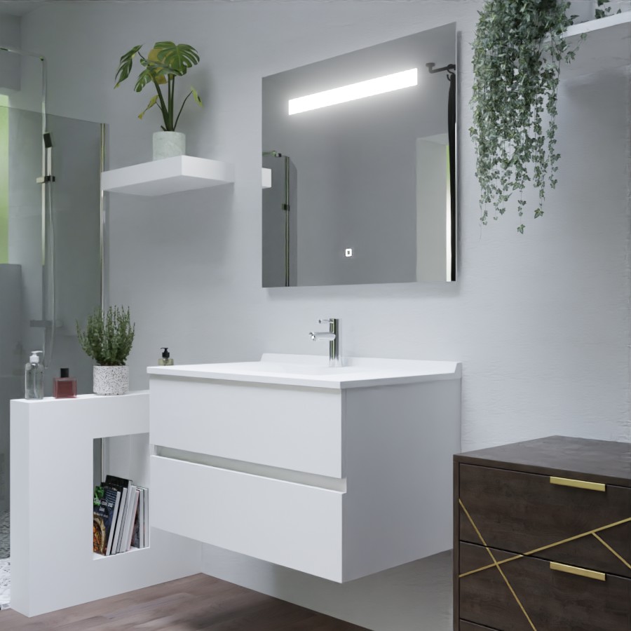 Ensemble ROMY meuble salle de bain 90 cm meuble blanc brillant avec tiroir plan vasque en résine et miroir LED Elégance